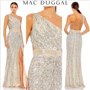 Mac Duggal Nude Silver Gold Sequined One-Shoulder Lace-Up Gown